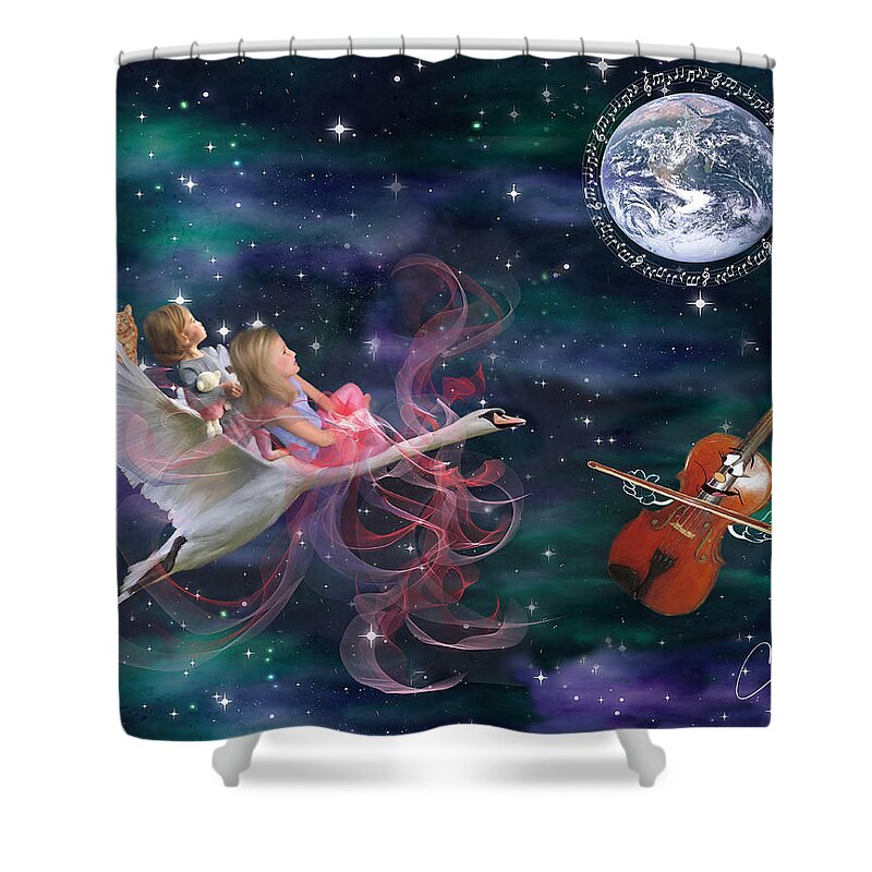 Children's Paintings Shower Curtain featuring the mixed media We're Off on a Journey by Colleen Taylor
