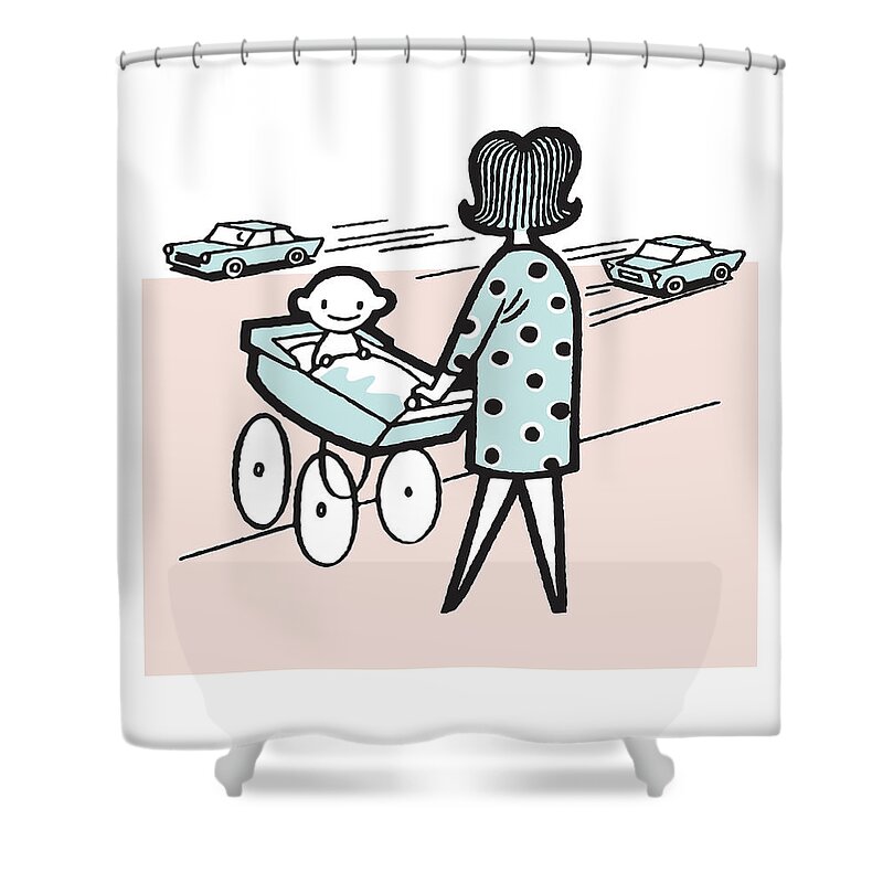 Adult Shower Curtain featuring the drawing Woman Pushing Baby in Carriage in Busy Street #1 by CSA Images