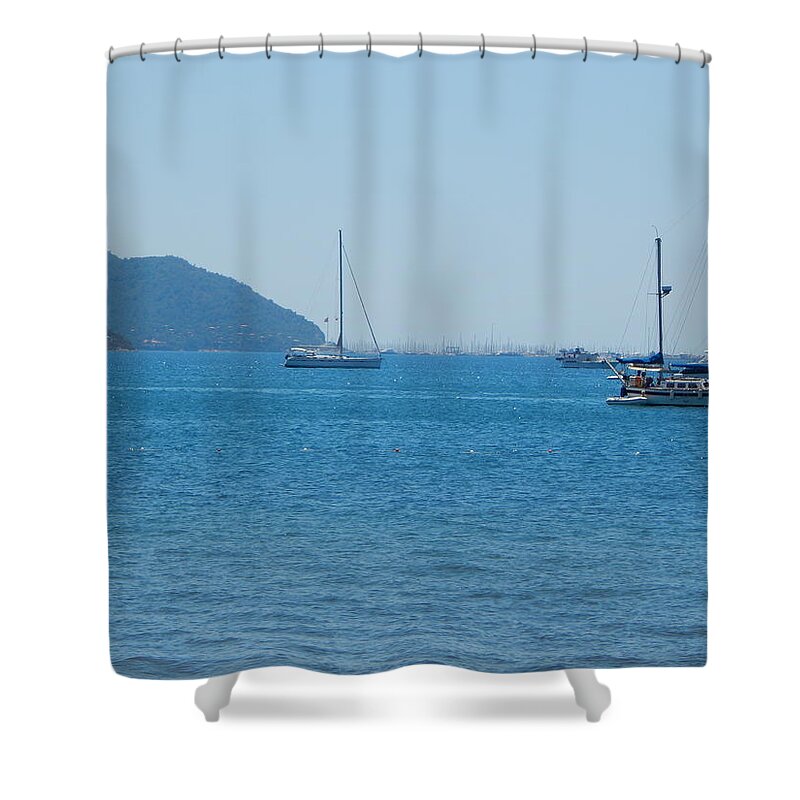 Marmaris Shower Curtain featuring the photograph Yachting marina of Marmaris in Turkey resort town on the Aegean #1 by Oleg Prokopenko