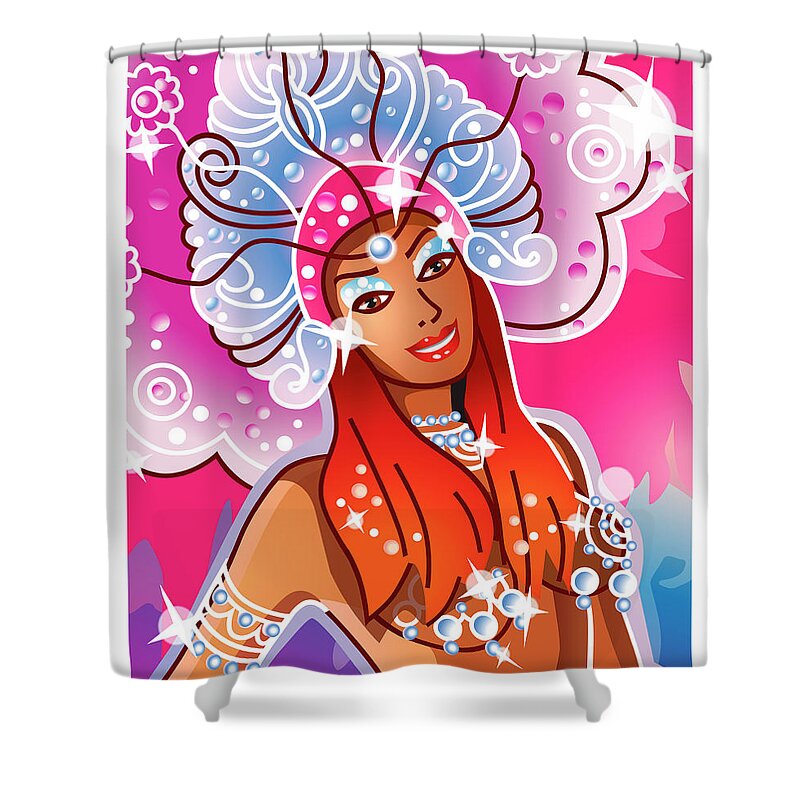 Stage Costume Shower Curtain featuring the digital art Young Woman Wearing Carnival Costume #1 by New Vision Technologies Inc