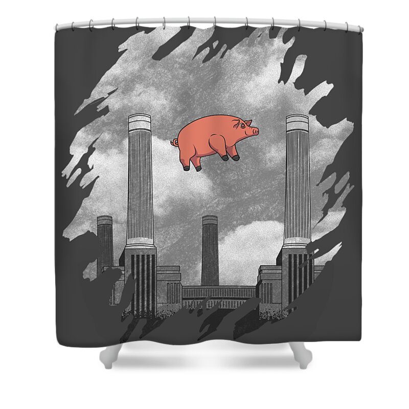 Pink Floyd Pig At Battersea Power Station Shower Curtain featuring the digital art Pink Floyd Pig at Battersea #11 by Dawn OConnor