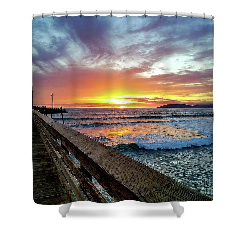 Sunset Shower Curtain featuring the photograph 101214 Sunset from the Pismo Pier by Craig Corwin