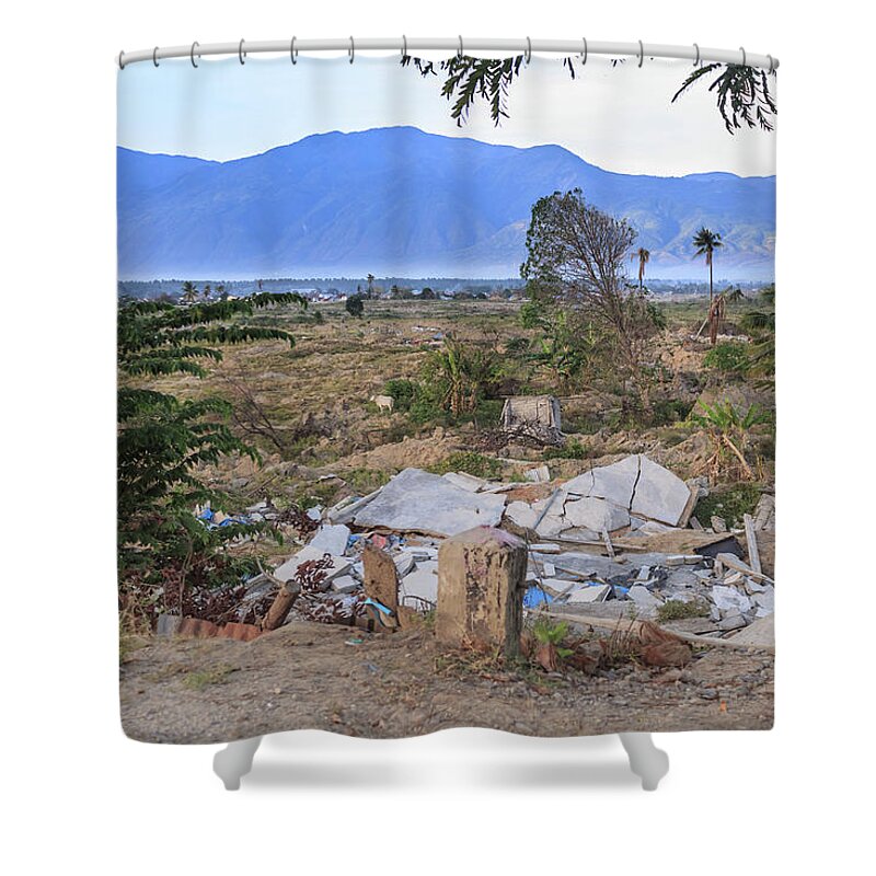 Beautiful Shower Curtain featuring the photograph A sunny morning at the village petobo lost due to liquefaction #11 by Mangge Totok