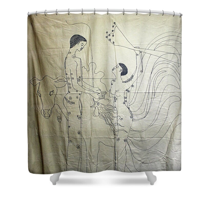 Jesus Shower Curtain featuring the painting Kintu and Nambi #110 by Gloria Ssali