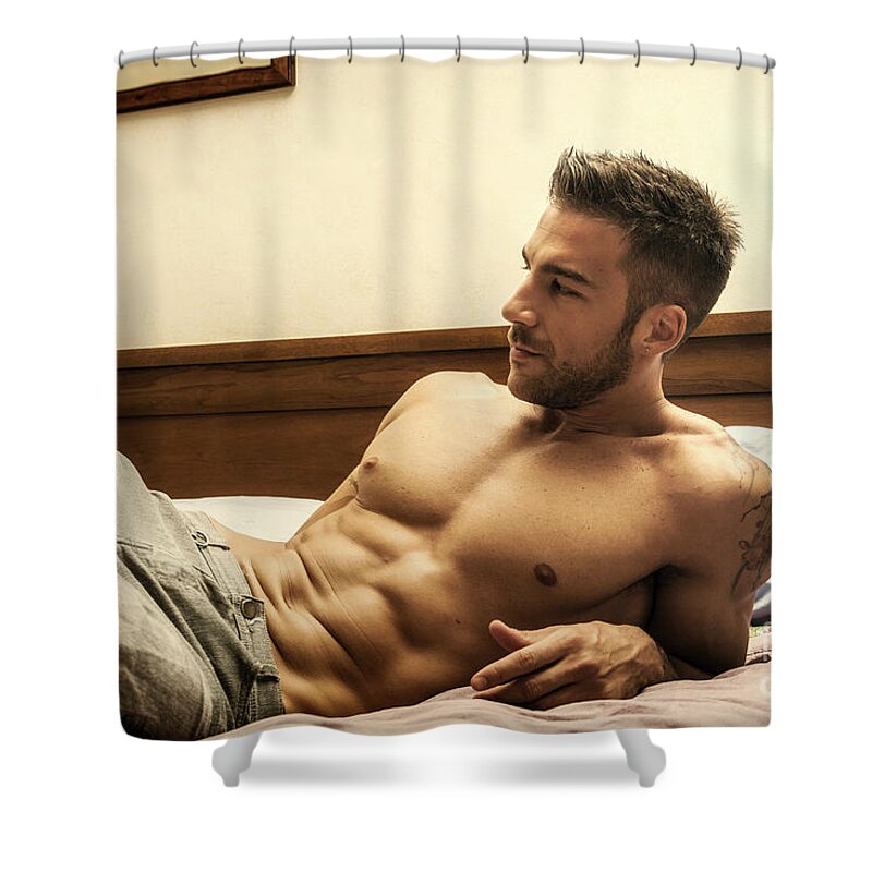 Shirtless sexy model lying on his bed Shower Curtain by Stefano C - Fine Art America