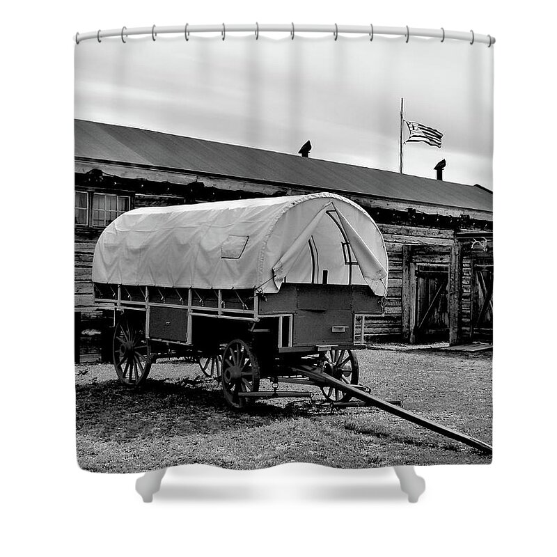 Wagon Shower Curtain featuring the photograph 1875 Fort Parking Lot - BW001 by Jor Cop Images