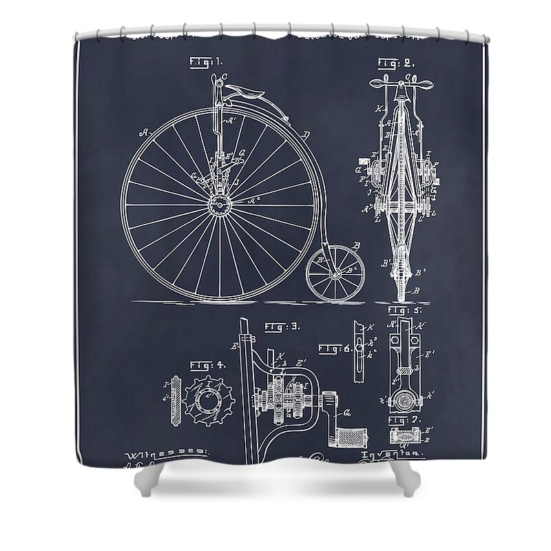 1961 Unicycle Patent Print Shower Curtain featuring the drawing 1887 Bouck Bicycle Blackboard Patent Print by Greg Edwards