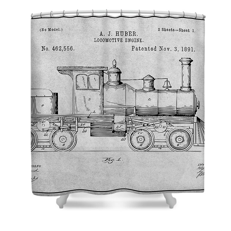 1891 Huber Locomotive Engine Patent Print Shower Curtain featuring the drawing 1891 Huber Locomotive Engine Gray Patent Print by Greg Edwards