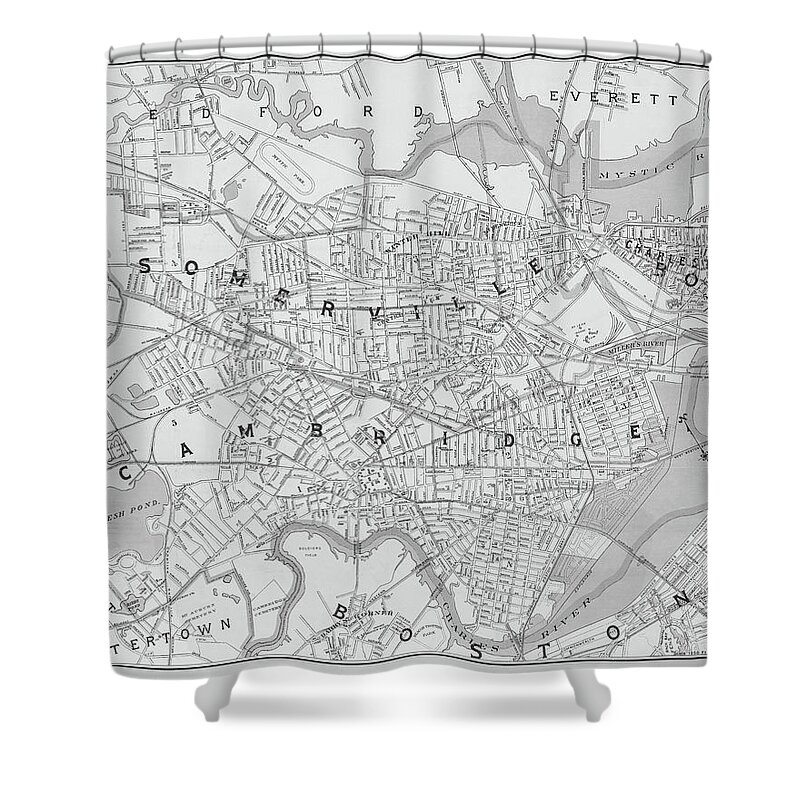 Somerville Shower Curtain featuring the photograph 1892 map of Somerville Cambridge Boston Medford Everett Charleston MA Massachusetts Black and White by Toby McGuire