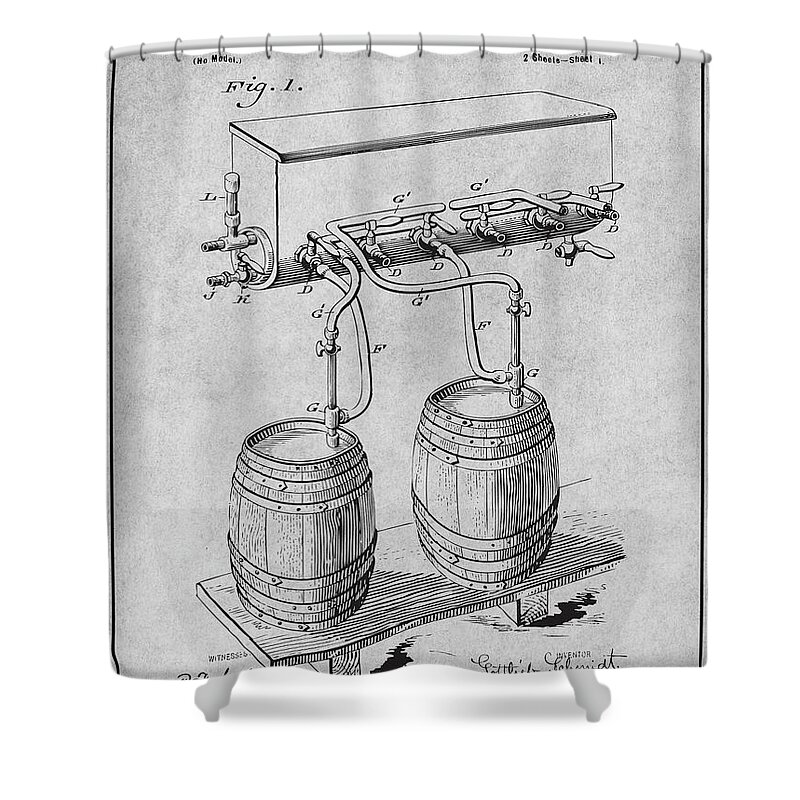 1897 Beer Keg Barrel Cold Air Pressure Apparatus Patent Print Shower Curtain featuring the drawing 1897 Beer Keg Barrel Cold Air Pressure Apparatus Gray Patent Print by Greg Edwards