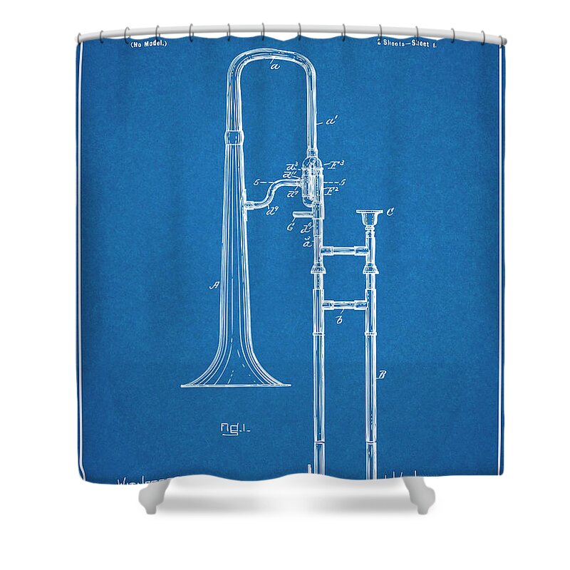 1902 Slide Trombone Patent Print Shower Curtain featuring the drawing 1902 Slide Trombone Blueprint Patent Print by Greg Edwards