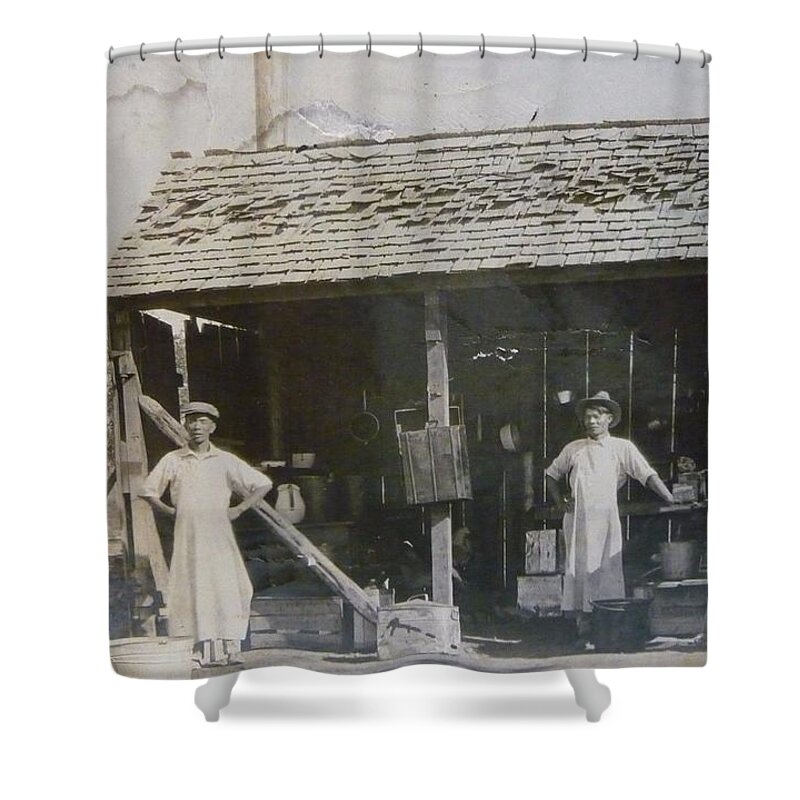 Farm Shower Curtain featuring the painting 1910 s Filipino Asian Workers on Dairy Farm by Celestial Images