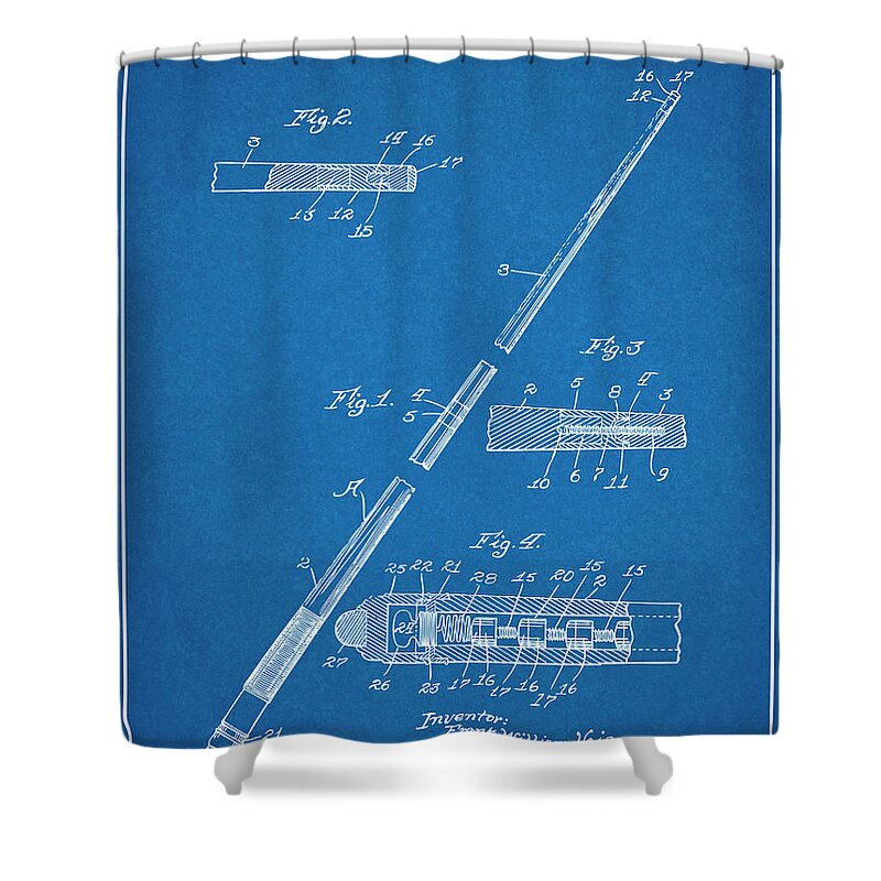 1917 Billiard Pool Cue Patent Print Shower Curtain featuring the drawing 1917 Billiard Pool Cue Blueprint Patent Print by Greg Edwards
