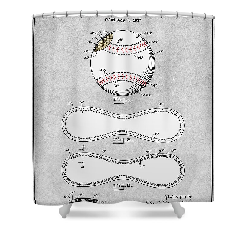 1928 J. E. Maynard Baseball Colorized Patent Print Shower Curtain featuring the drawing 1928 J. E. Maynard Baseball Colorized Patent Print Gray by Greg Edwards