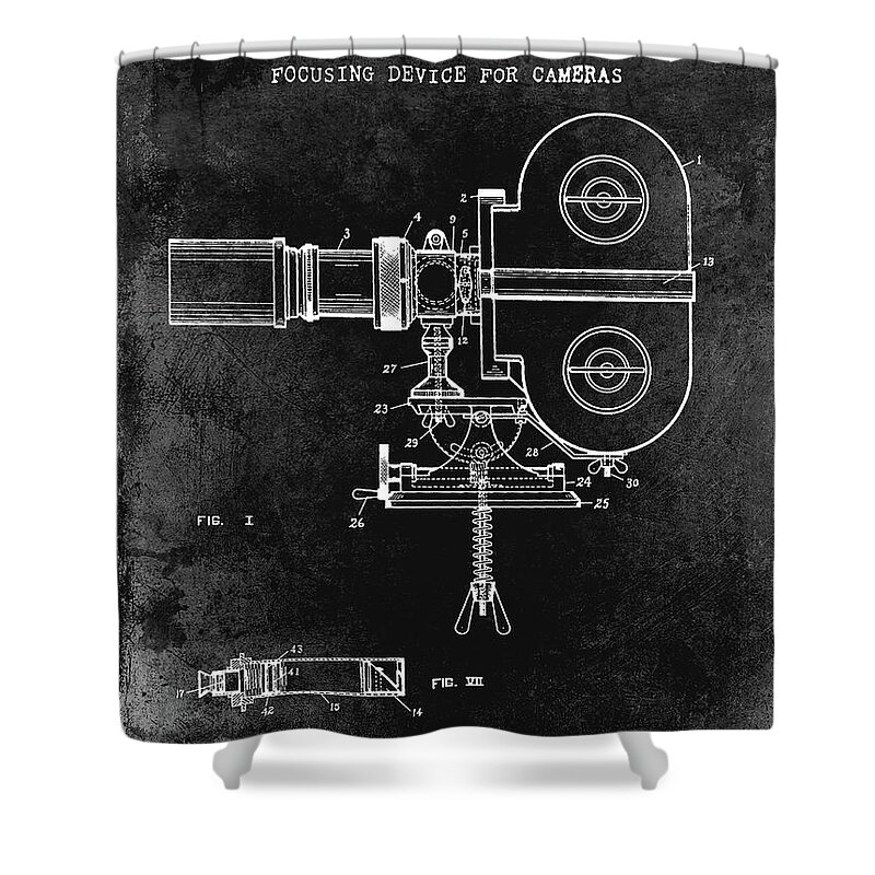 1940 Shower Curtain featuring the photograph 1930 Movie Camera Patent Black #1930 by Jon Neidert