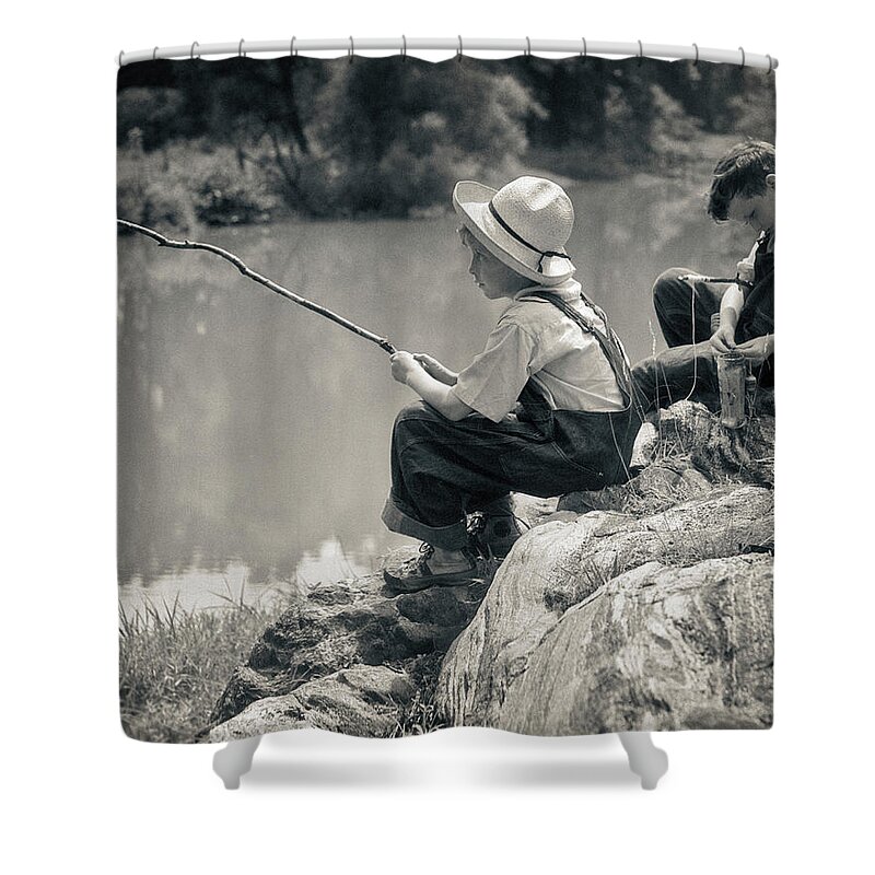 1930s Two Boys Sitting On Rocks Fishing Shower Curtain by Vintage