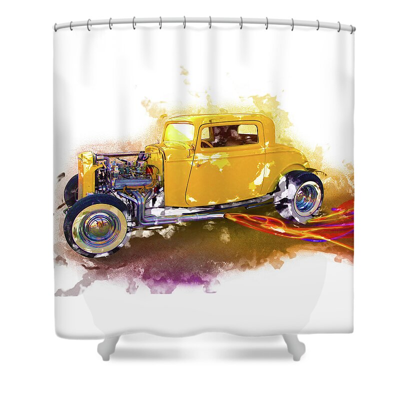 32 Ford Yellow Shower Curtain featuring the digital art 1932 Ford Hotrod by Rick Wicker
