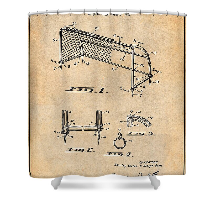 1933 Soccer Goal Patent Print Shower Curtain featuring the drawing 1933 Soccer Goal Antique Paper Patent Print by Greg Edwards
