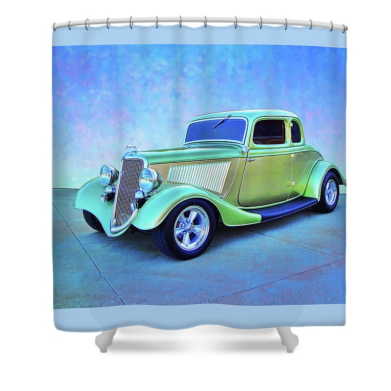 1934 Ford Green Shower Curtain featuring the digital art 1934 Green Ford by Rick Wicker