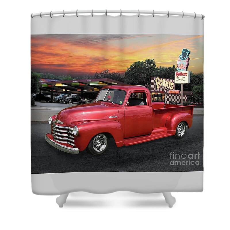 1949 Shower Curtain featuring the photograph 1949 Chevy Pickup at Porky's Drive-In by Ron Long