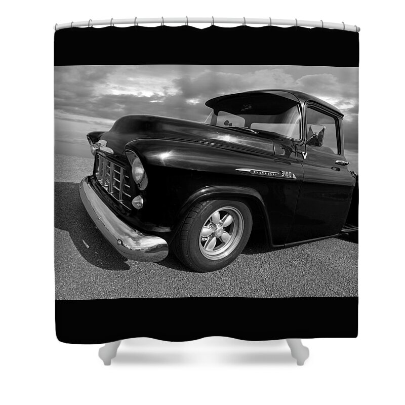 Chevrolet Truck Shower Curtain featuring the photograph 1956 Chevrolet 3100 Truck In Black And White by Gill Billington