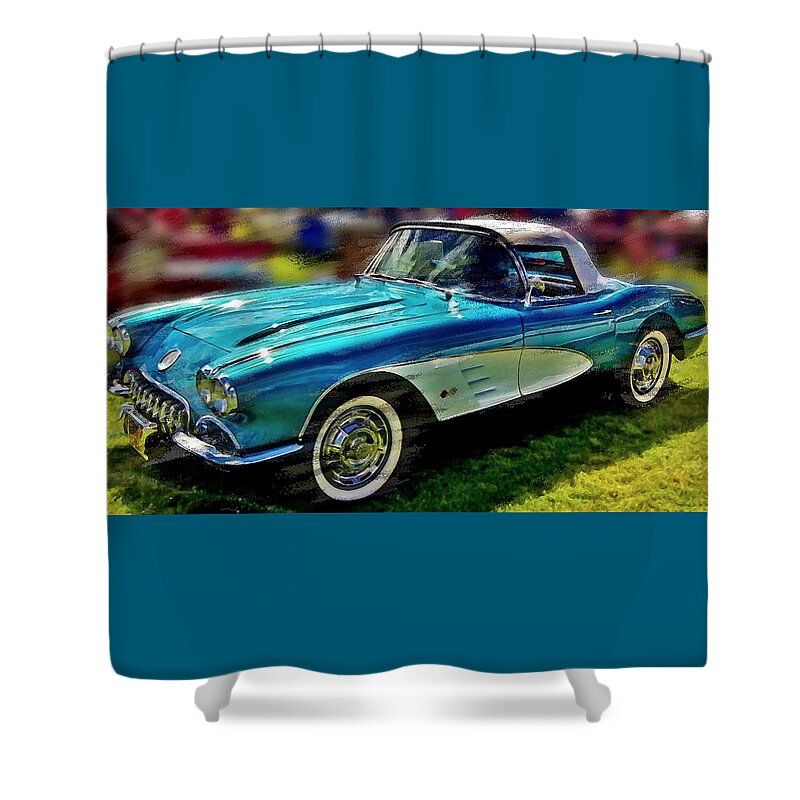 Chevy Shower Curtain featuring the digital art 1959 Chevrolet Corvette by David Manlove