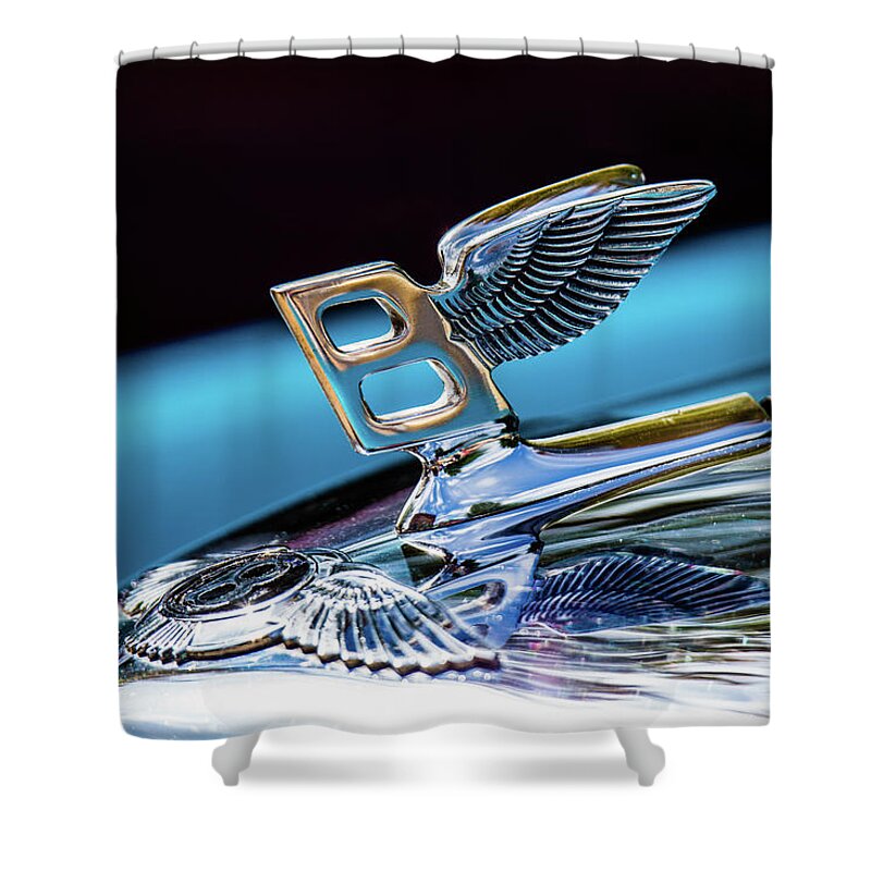 1963 Bentley Saloon Stand Steel Shower Curtain featuring the photograph 1963 Bentley Saloon Stand Steel Hood Ornament Color by Lauri Novak
