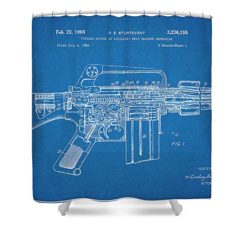 Ar15 Shower Curtain featuring the drawing 1966 AR15 Assault Rifle Patent Print, M-16, Blueprint by Greg Edwards