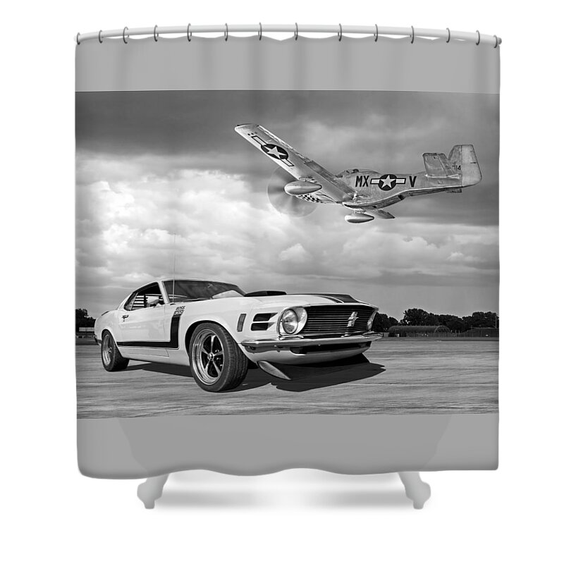 Ford Mustang Shower Curtain featuring the photograph 1970 Boss 302 Mustang With P-51 Black And White by Gill Billington