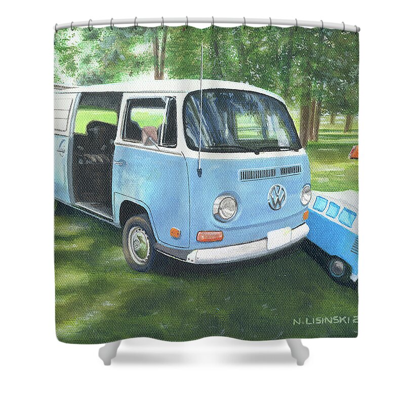 Classiccar Shower Curtain featuring the painting 1972 VW Camper by Norb Lisinski