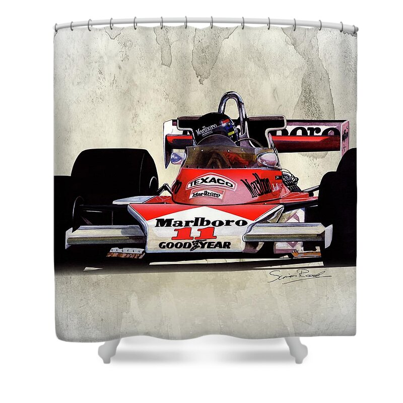 Art Shower Curtain featuring the painting 1976 McLaren M23 by Simon Read