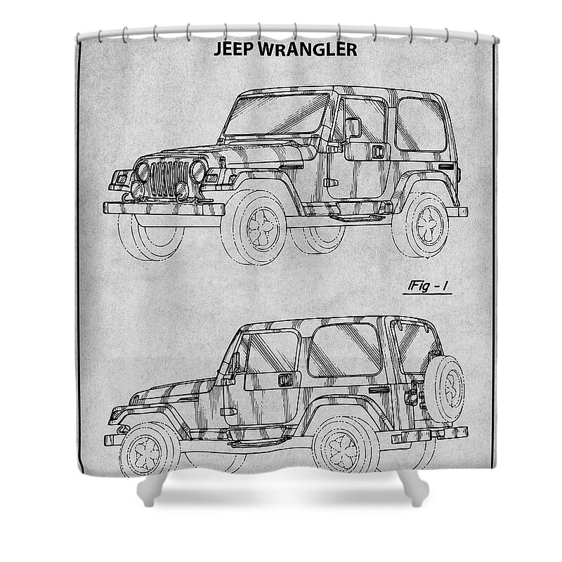 1997 Jeep Wrangler Patent Print Shower Curtain featuring the drawing 1997 Jeep Wrangler Gray Patent Print by Greg Edwards