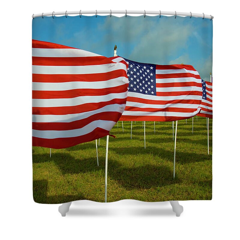 Wind Shower Curtain featuring the photograph A Field Full Of Us Flags #2 by Donovan Reese