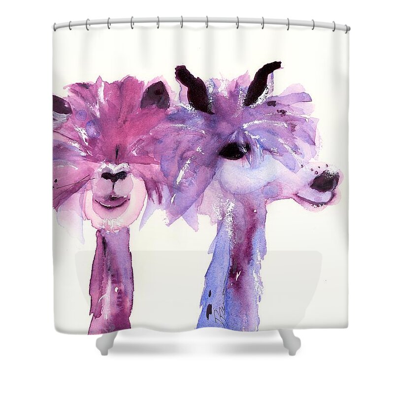 Alpaca Art Shower Curtain featuring the painting 2 Alpacas by Dawn Derman