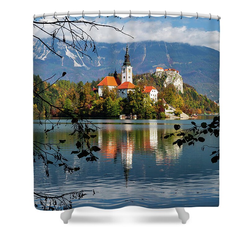 Bled Shower Curtain featuring the photograph Autumn colours at Lake Bled #2 by Ian Middleton