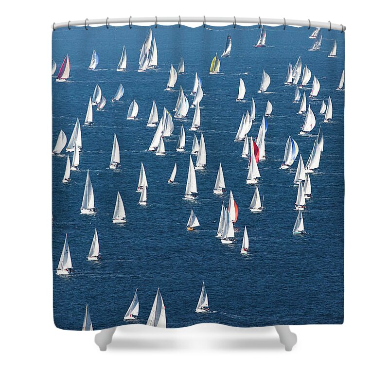 Estock Shower Curtain featuring the digital art Barcolana Regatta, Italy #2 by Andrea Pavan