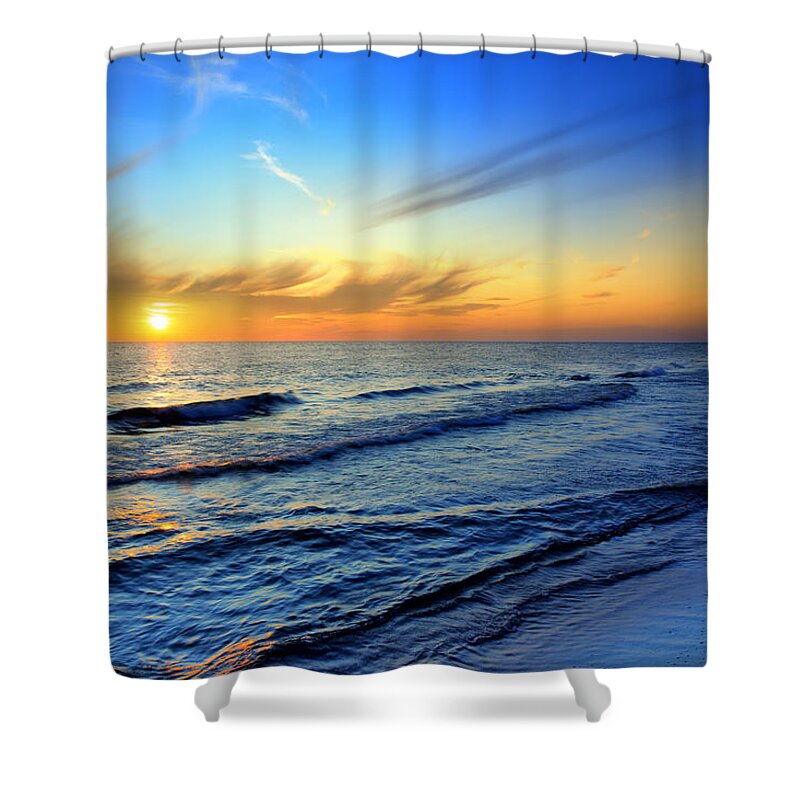 Water's Edge Shower Curtain featuring the photograph Beach And Sea Sunset #2 by Konradlew