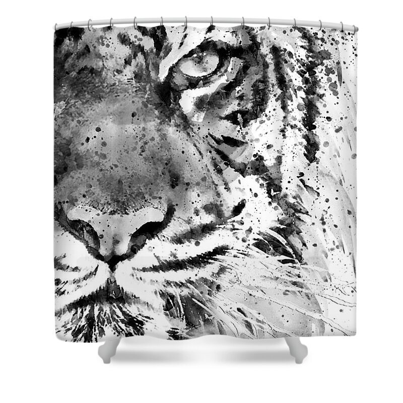 Marian Voicu Shower Curtain featuring the painting Black And White Half Faced Tiger #1 by Marian Voicu