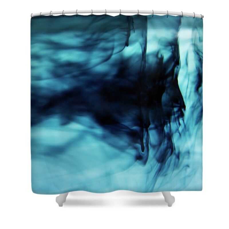 White Background Shower Curtain featuring the photograph Blue Ink Swirling In Liquid #2 by Lisbeth Hjort