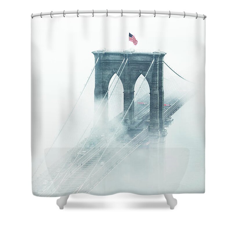 Scenics Shower Curtain featuring the photograph Brooklyn Bridge In Fog #2 by Johner Images