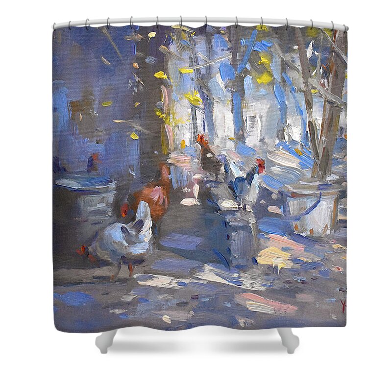 Garden Shower Curtain featuring the painting Chickens at Lidas Garden by Ylli Haruni