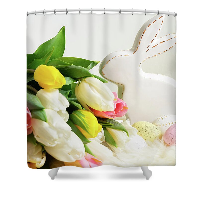 Easter Shower Curtain featuring the photograph Easter scene with colored eggs by Anastasy Yarmolovich