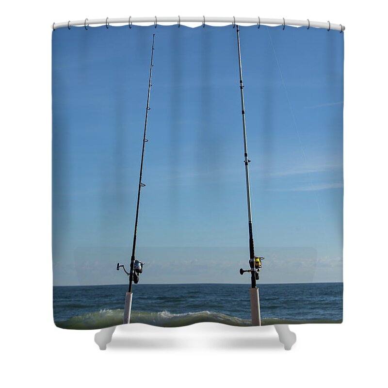 2 Fishing Poles in the standing in the sand Shower Curtain by