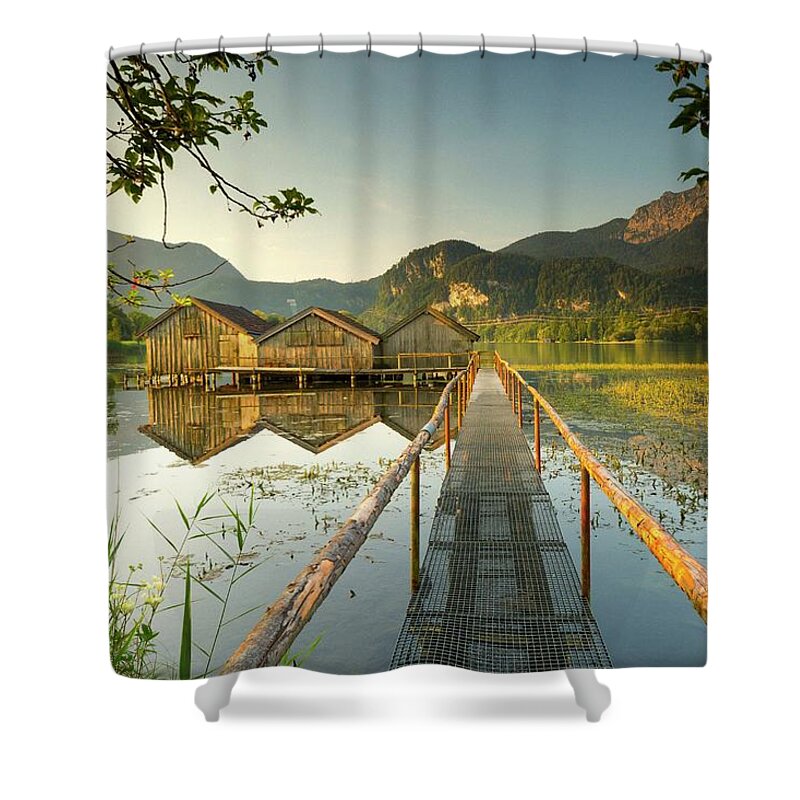 Estock Shower Curtain featuring the digital art Germany, Bavaria, Upper Bavaria, Kochelsee Lake At Sunrise #2 by Maurizio Rellini