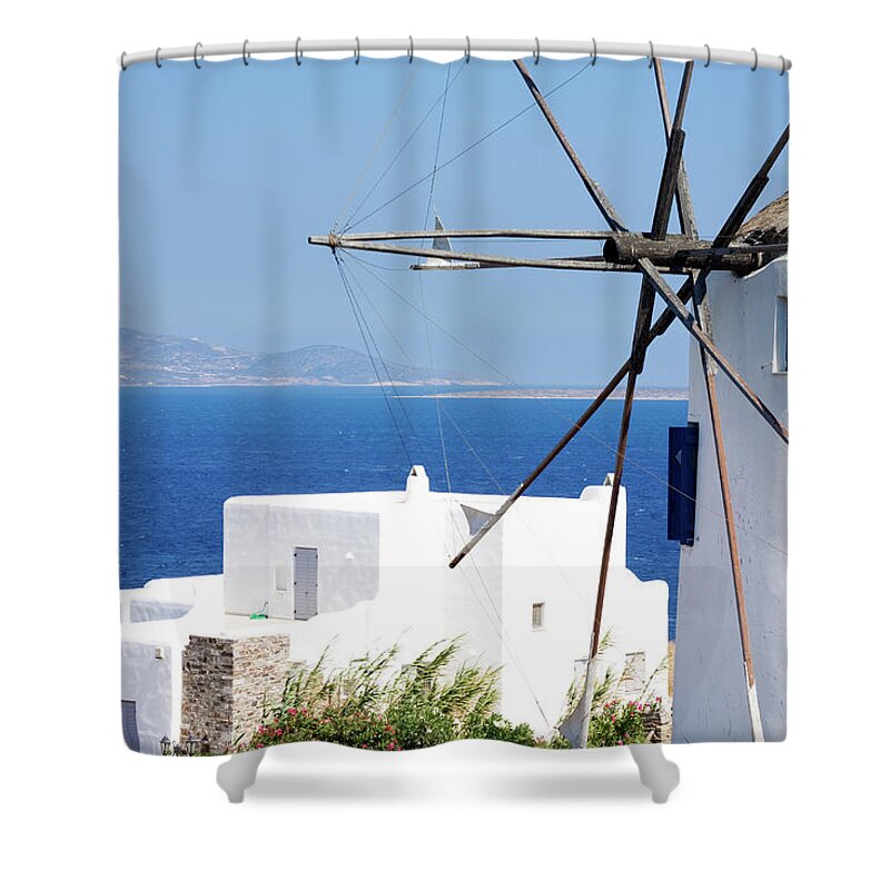 Wind Shower Curtain featuring the photograph Greek Windmill #2 by Photovideostock