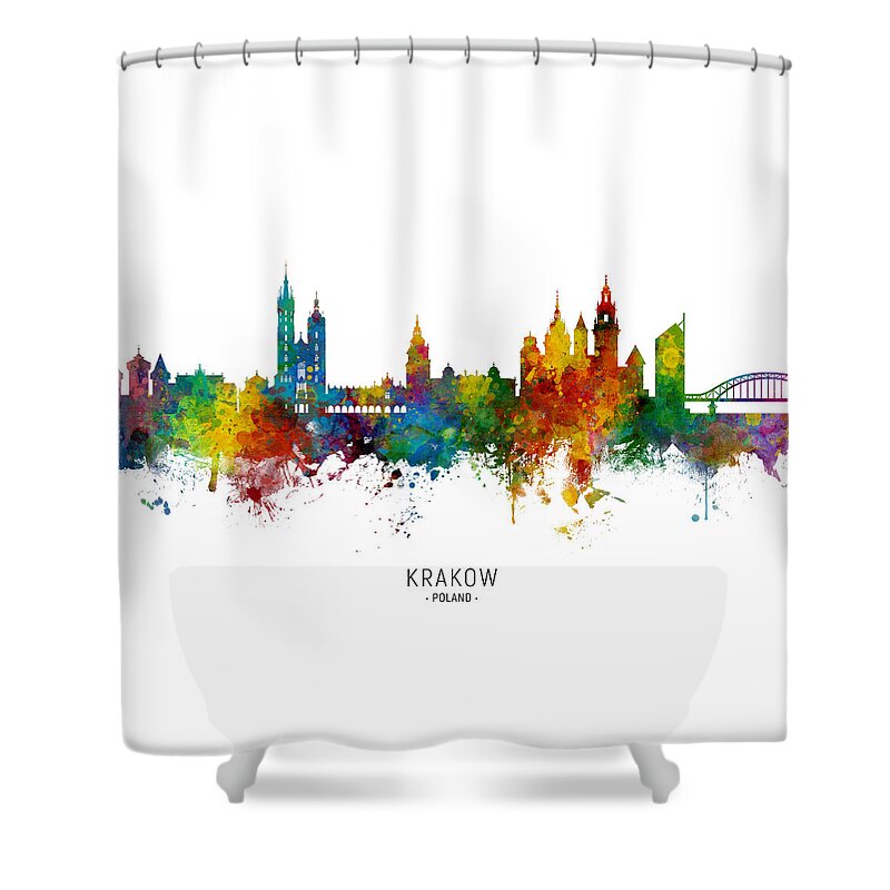 Krakow Shower Curtain featuring the digital art Krakow Poland Skyline by Michael Tompsett