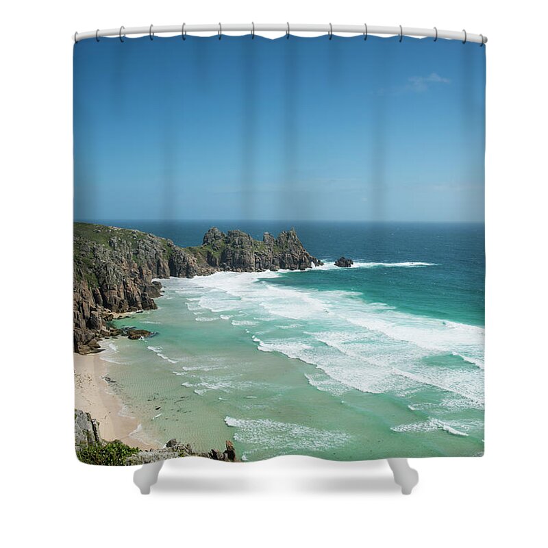Water's Edge Shower Curtain featuring the photograph Pedn Vounder Beach #2 by J Shepherd