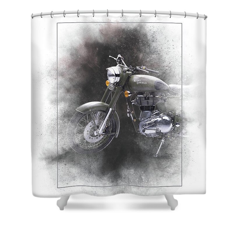 Royal Enfield Shower Curtain featuring the mixed media Royal Enfield Classic 500 Painting by Smart Aviation