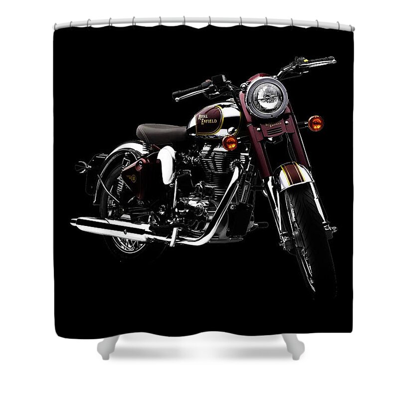 Royal Enfield Shower Curtain featuring the mixed media Royal Enfield Classic 500 by Smart Aviation