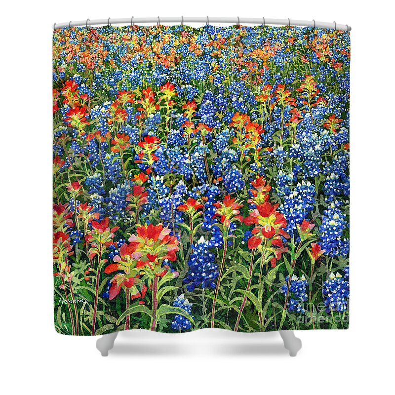 Wild Flower Shower Curtain featuring the painting Spring Bliss -Bluebonnet and Indian Paintbrush by Hailey E Herrera
